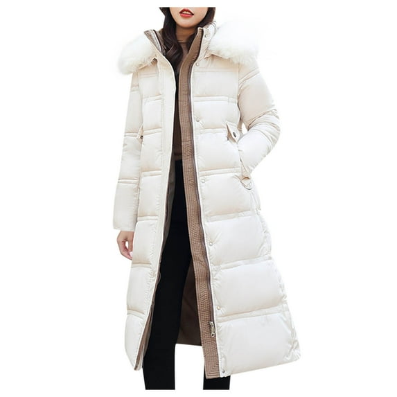 Honeeladyy Women's Long Winter Faux Fur Coat Puffer Warm Jacket with Detachable Hood White M