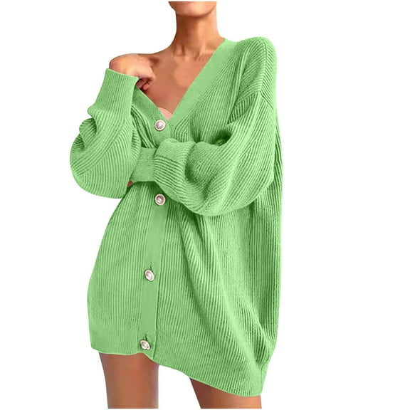 Honeeladyy Women's Loose V-Neck Solid Color Long Sleeve Knit Button Sweater Slouchy Top