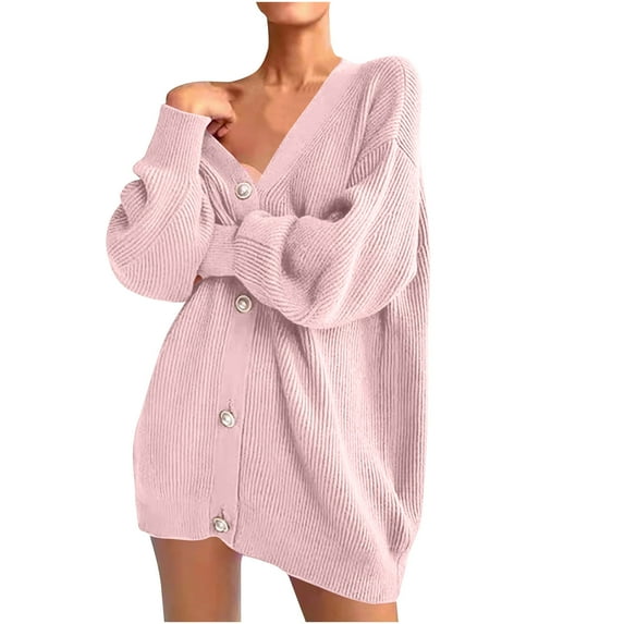 Honeeladyy Women's Loose V-Neck Solid Color Long Sleeve Knit Button Sweater Slouchy Top