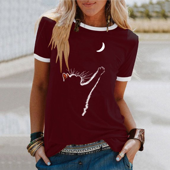 Honeeladyy Women's New Fashion Cat Print Casual Short Sleeve Top T-shirt womens tops clearance