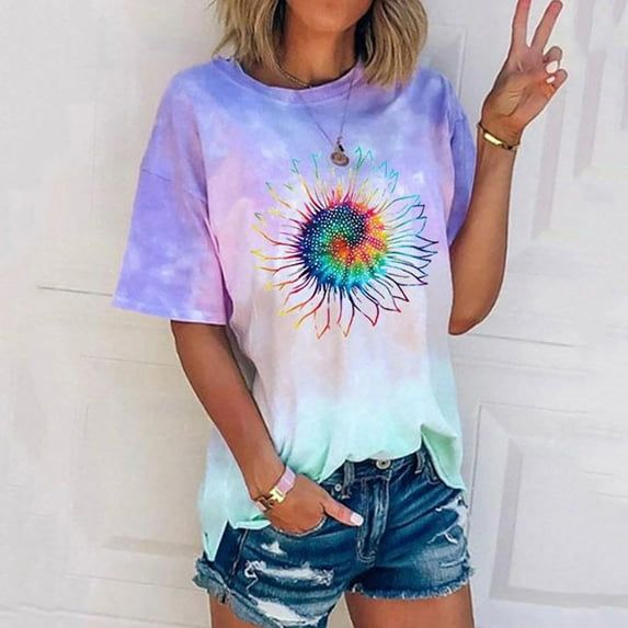 Honeeladyy Women's New Fashion Colorful Flowers Short-Sleeved Top Printed T-shirt ladies tops