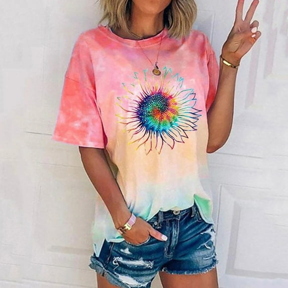 Honeeladyy Women's New Fashion Colorful Flowers Short-Sleeved Top Printed T-shirt t-shirts womens