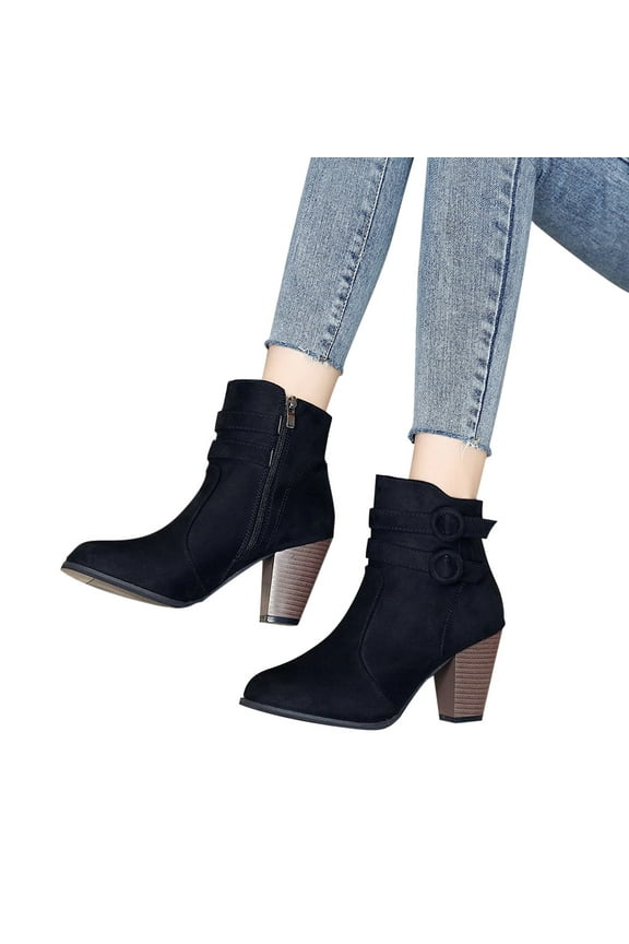 Women's Non-slip Low Short Boots, Solid Color Retro Flock Middle Heel Zipper Boots Birthday Shoes