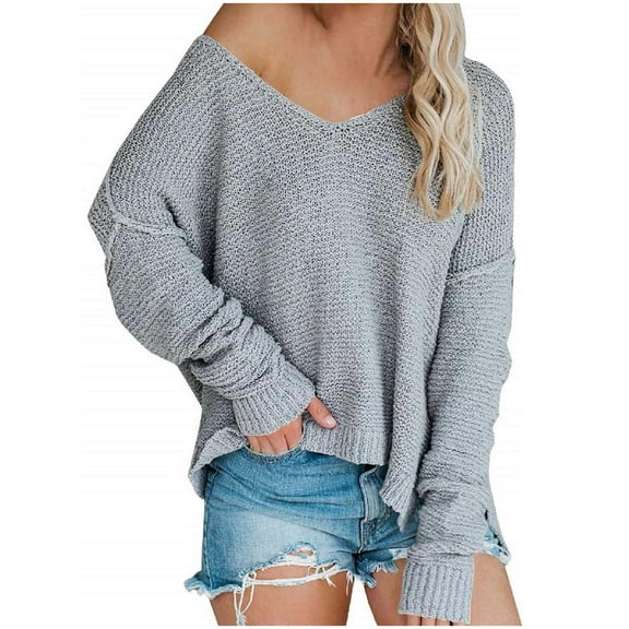 Honeeladyy Women's Off Shoulder Knitted Fashion Sweater Large Long Sleeve Comfortable V-Neck Loose Pullover Top