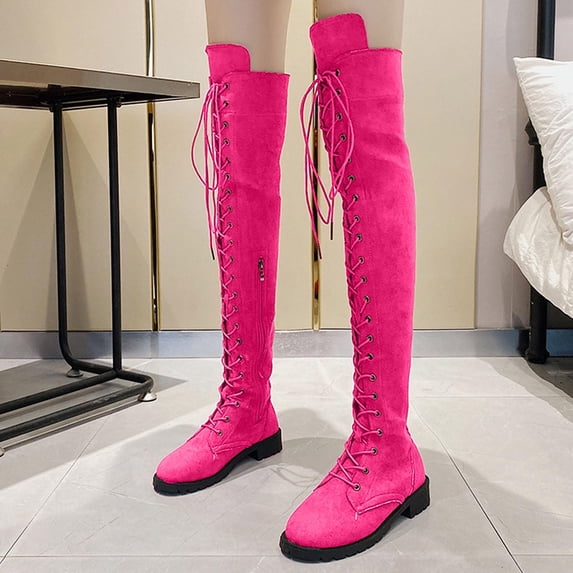 Honeeladyy Women's Over The Knee Thigh High Boots Lace up Flat Boot Long Riding Boots #R