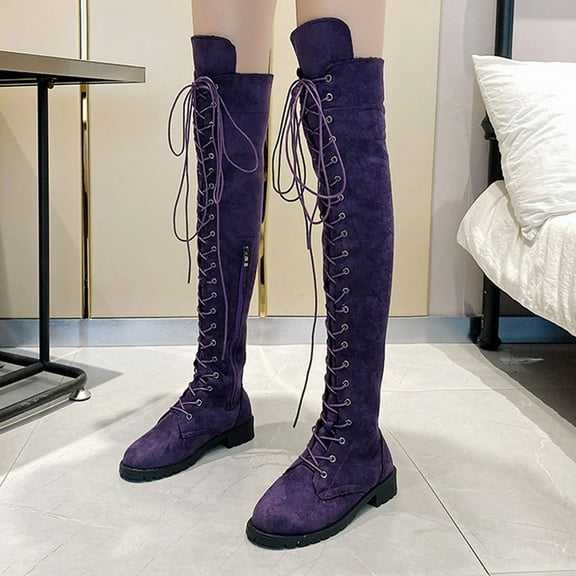 Honeeladyy Women's Over The Knee Thigh High Boots Lace up Flat Boot Long Riding Boots #R