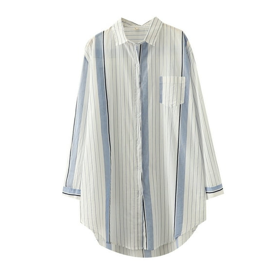 Honeeladyy Women's Oversized Button Shirt Striped Long Sleeve Cotton Loose Shirt Jacket Long Sleeve Tee Shirts for Women #F-Blue-XXXL