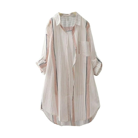 Honeeladyy Women's Oversized Button Shirt Striped Long Sleeve Cotton Loose Shirt Jacket Long Sleeve Tee Shirts for Women #F-Pink-XXXL
