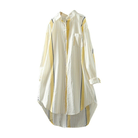 Honeeladyy Women's Oversized Button Shirt Striped Long Sleeve Cotton Loose Shirt Jacket Shirt Jacket Women #F-Yellow-XL