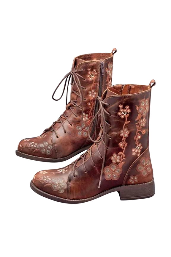 Women's Printed Embroidered Boots Over Feet Round Toe Chunky Ankle Boots Birthday Shoes