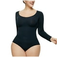 thumbnail image 1 of Honeeladyy Women's Round Neck Long-Sleeved One-Piece Shapewear, Solid Color Slimming Elastic Hip Lift Waist Shapewear #C-Black-XL, 1 of 9