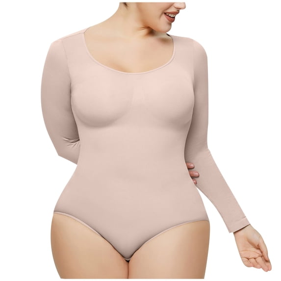 Honeeladyy Women's Round Neck Long-Sleeved One-Piece Shapewear, Solid Color Slimming Elastic Hip Lift Waist Shapewear #C-Khaki-M
