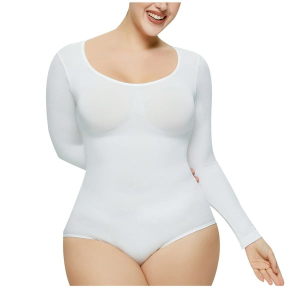 Honeeladyy Women's Round Neck Long-Sleeved One-Piece Shapewear, Solid Color Slimming Elastic Hip Lift Waist Shapewear #C-White-M
