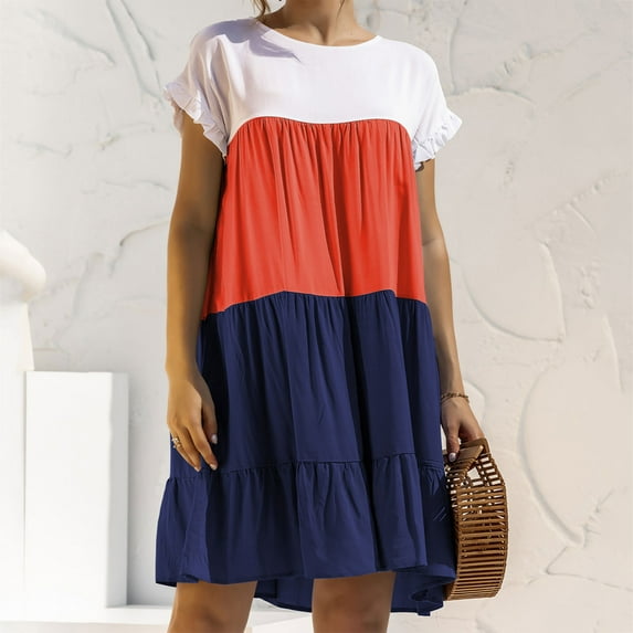 Honeeladyy Women's Round Neck Short Sleeve Color Matching Loose Dress Women's exquisite dresses