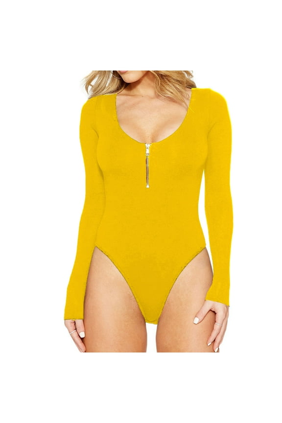 Women's Round Neck Zipper Long Sleeve Bodysuit, Hip Lifting and Shaping Slimming Stretchy Tight One-piece Shapewear #F-Yellow-M