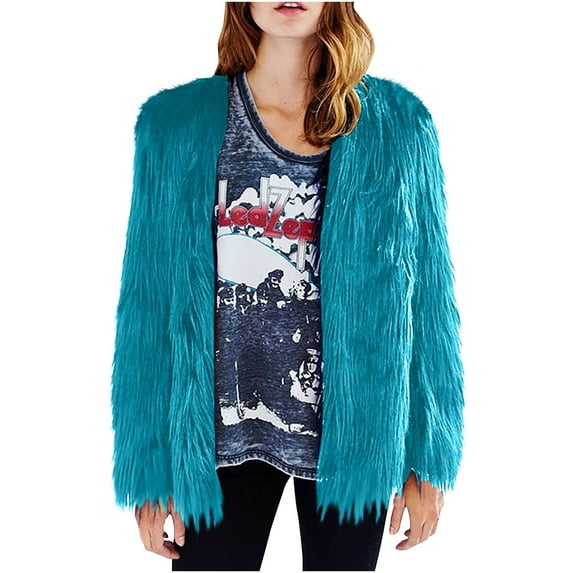 Honeeladyy Women's Shaggy Faux Fur Outwear Coat Jacket Long Sleeve Warm Winter Sky Blue S