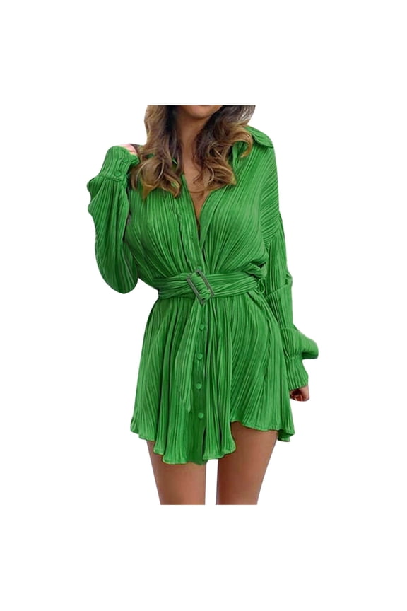 Women's Spring Autumn Casual V-Neck Lapel Solid Color Belt Pleated Button Shirt Dress Green Dresses for Women Sales