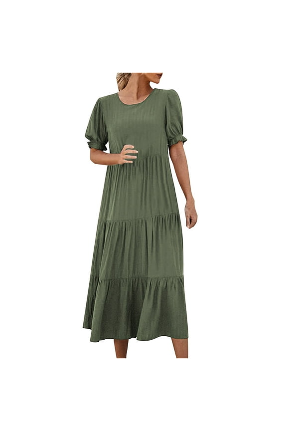 Women's Summer Casual Boho Dress Floral Print Ruffle Puff Sleeve Solid High Waist Midi Beach Dresses Women's simple dresses