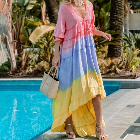 Honeeladyy Women's Summer Fashion V-Neck Short Sleeve Printed Swing Dress Dresses for wife