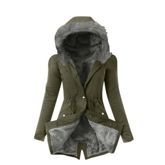 Honeeladyy Women's Warm Hooded Thick Jackets Padded Outerwear Big Collar Down Cotton Jacket Version Winter Mid-Length Coats Army Green S