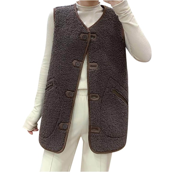 Honeeladyy Women's Winter Sherpa Fleece Lightweight Fall Warm Zipper Vest with Pockets Coffee XXL