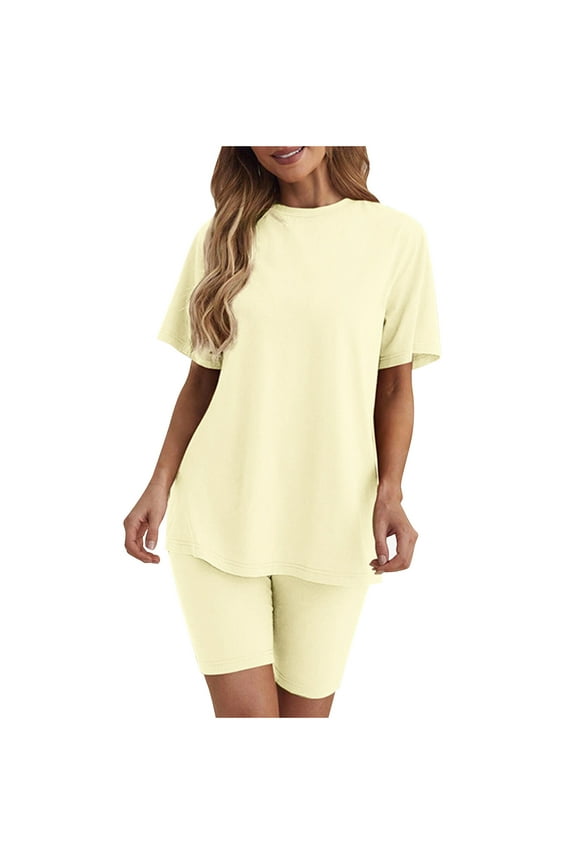 Womens 2 Piece Outfits Summer Casual Short Sleeve Tshirt Bikers Shorts Matching Lounge Set Sports Tracksuit Yellow XL