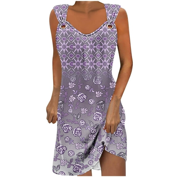 Honeeladyy Womens 2024 Summer Print Mini Dress Sleeveless Casual Beach Vacation Short Sundresses Purple L