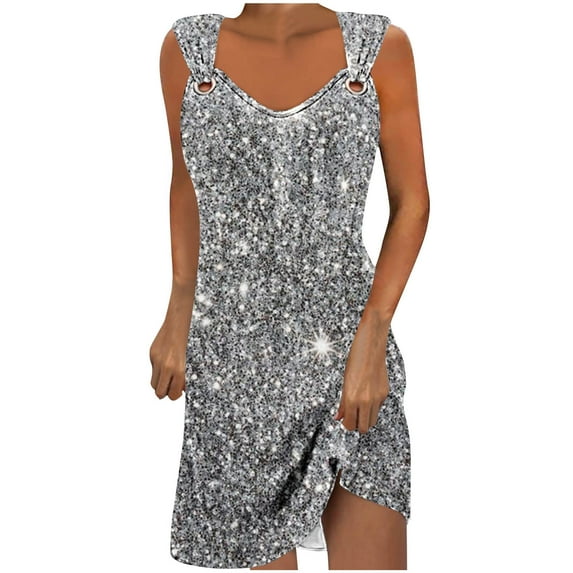 Honeeladyy Womens 2024 Summer Print Mini Dress Sleeveless Casual Beach Vacation Short Sundresses Silver XXL