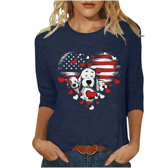 Honeeladyy Womens 3/4 Sleeve T-Shirts Round Neck Independence Day Print Tops Loose Fit Pullover