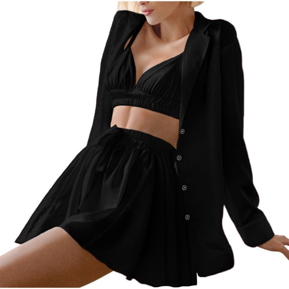 Honeeladyy Womens 3 Piece Pajamas Set,Ladies Lightweight Loose Sleepwear Set with Button Long Sleeve Outer Robe Sleeveless Camisole and Drawstring Shorts Black M