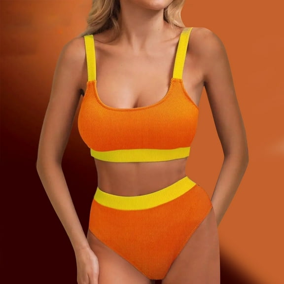 Honeeladyy Womens Bikini Sets Two Piece Swimsuit Solid Color Mid Rise Bottom Scoop Neck Tank Top Textured Swimwear Orange S
