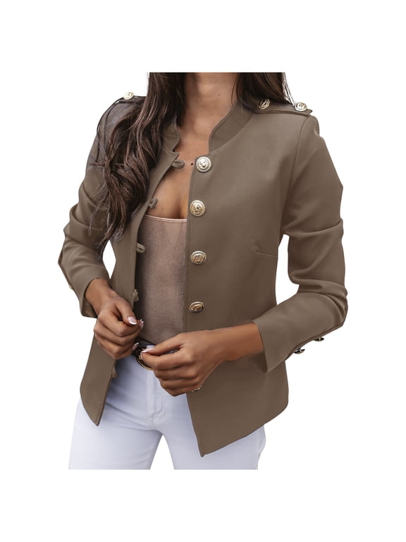 Womens Blazer Jacket Gold Button Long Sleeve Work 0ffice Blazer Lapel Open Front Jacket Khaki S