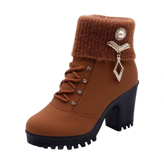 Honeeladyy Womens Boots Winter Rhinestone Wool Mouth Thick Heel Round Head Short Boots Short Dress with Shoes