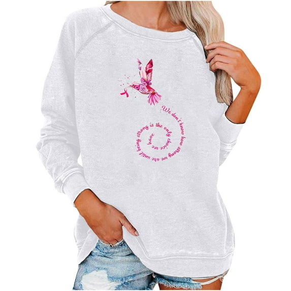 Honeeladyy Womens Breast Cancer Awareness Sweatshirts, Ladies Ribbon Print Pullover, Long Sleeve Casual Crewneck Hoodless Tops #Nr-White-L