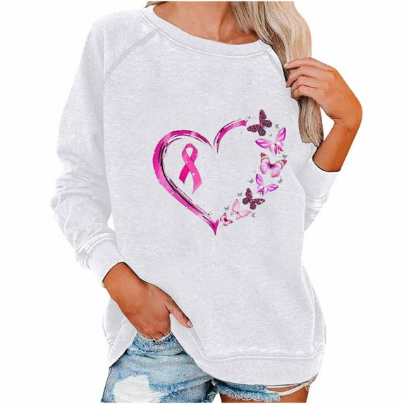 Honeeladyy Womens Breast Cancer Awareness Sweatshirts, Ladies Ribbon Print Pullover, Long Sleeve Casual Crewneck Hoodless Tops #Rr-White-XXL