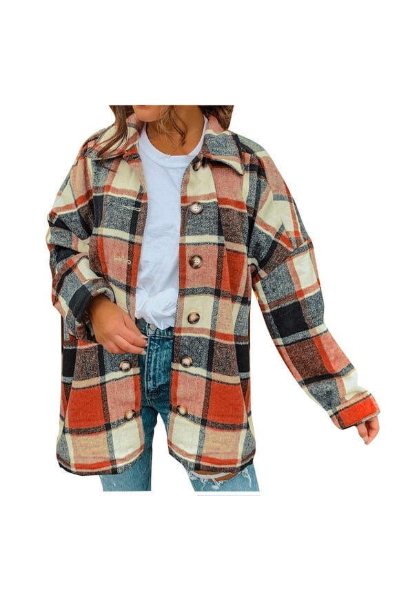Womens Casual Plaid Shacket Button Down Long Sleeve Shirt Orange XXL