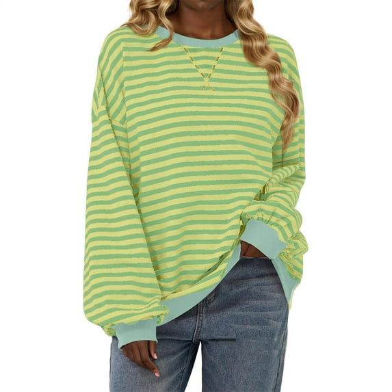 Honeeladyy Womens Casual Striped Pullover Tops Long Sleeve Shirts Crewneck Oversized Sweatshirts 2024 Fall Clothes for Daily Wear (Green,S)