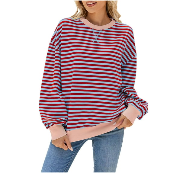 Honeeladyy Womens Casual Striped Pullover Tops Long Sleeve Shirts Crewneck Oversized Sweatshirts 2024 Fall Clothes for Going Out (Watermelon Red,2XL)