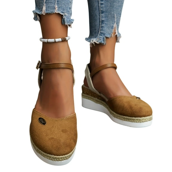 Honeeladyy Womens Closed Toe Sandals Elastic Ankle Strap Espadrilles Platform Wedge Clearance Sandals for Summer Bridal Wedding Birthday Gifts for Wife Brown Size 39