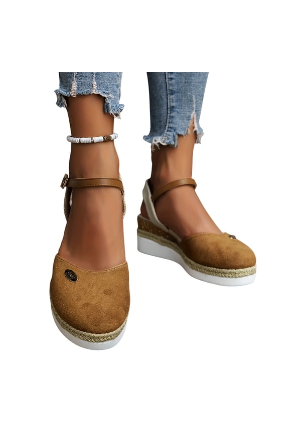 Womens Closed Toe Sandals Elastic Ankle Strap Espadrilles Platform Wedge Clearance Sandals for Summer Bridal Wedding Christmas Gifts for Girlfriend Brown Size 42