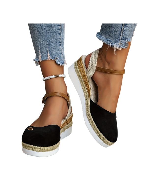 Womens Closed Toe Sandals Elastic Ankle Strap Espadrilles Platform Wedge Clearance Sandals for Summer Bridal Wedding Valentines Day Gifts for Girlfriend Black Size 42