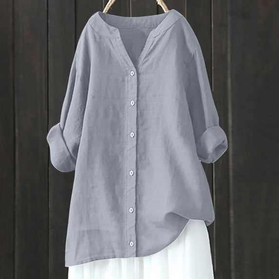Honeeladyy Womens Cotton Shirts Solid Color 3/4 Sleeve Tunic Tops Oversized Tshirts for Women Casual V Neck Dressy Blouses for Jeans Leggings or Dresses (Gray,XL)