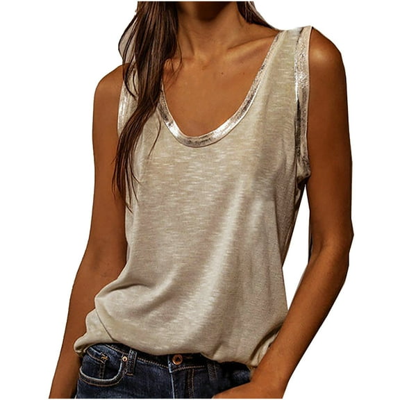 Honeeladyy Womens Crew Neck Loose Fit Tank Tops Summer Solid Color Soft Sleeveless Beach Top Beige M