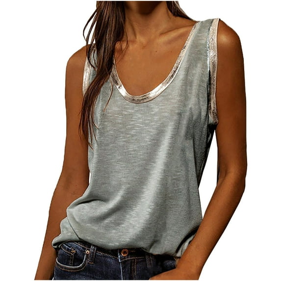 Honeeladyy Womens Crew Neck Loose Fit Tank Tops Summer Solid Color Soft Sleeveless Beach Top Gray M