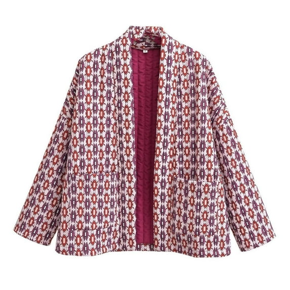 Honeeladyy Womens Cropped Puffer Jacket Vintage Print Open Front Lightweight Short Jacket Fall Padded Cardigan Outwear Birthday Gifts Red L