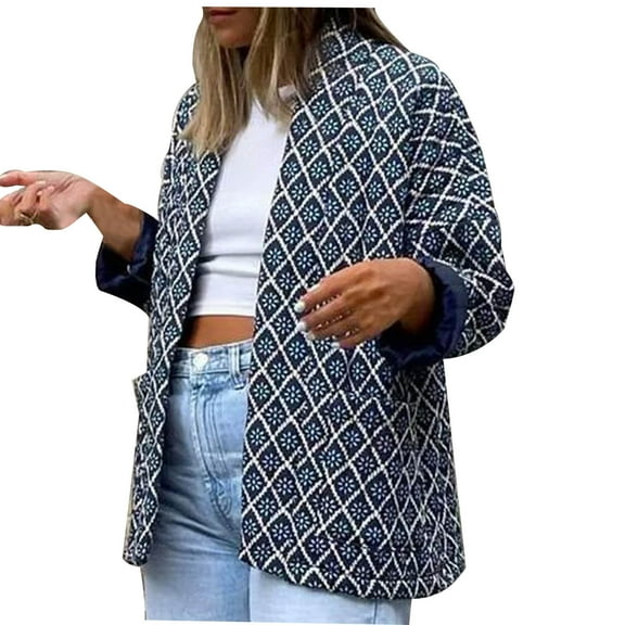 Honeeladyy Womens Cropped Puffer Jacket Vintage Print Open Front Lightweight Short Jacket Fall Padded Cardigan Outwear Christmas Gift Blue L