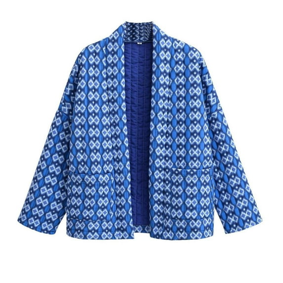 Honeeladyy Womens Cropped Puffer Jacket Vintage Print Open Front Lightweight Short Jacket Fall Padded Cardigan Outwear New Year Gift Blue S