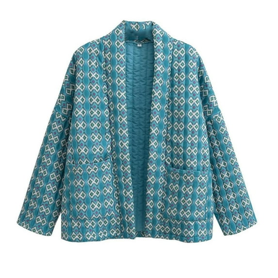 Honeeladyy Womens Cropped Puffer Jacket Vintage Print Open Front Lightweight Short Jacket Fall Padded Cardigan Outwear Visiting Gift Navy S