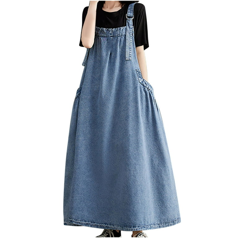 Honeeladyy Womens Denim Jumper Maxi Dress with Pocket