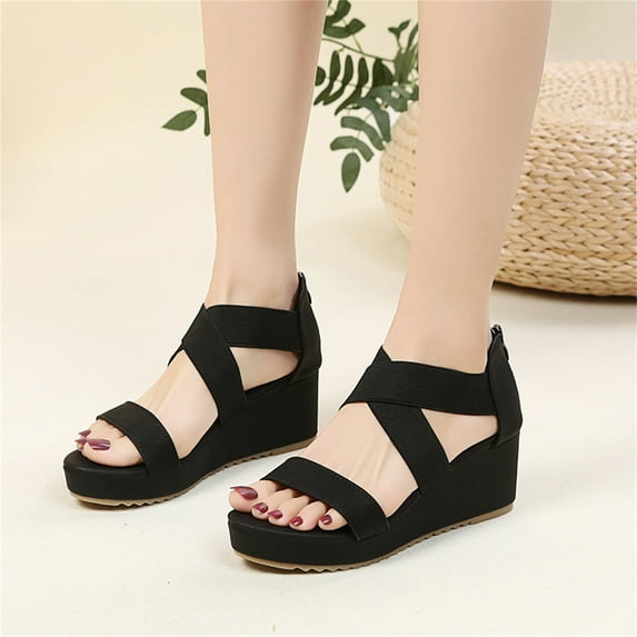Honeeladyy Womens Dress Ankle Elastic sandals Summer Ladies Shoes Wedge Heel Sandals Solid Color Casual Women's Sandals